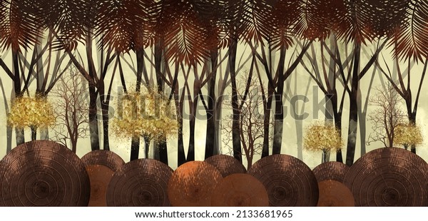 3d painting mural illustration landscape forest golden tree brown wallpaper. mountains with simple drawing modern background
