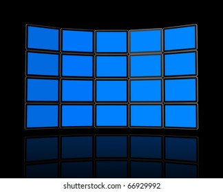 3D Panel / Wall Of Flat Tv Screens, Isolated On Black. With 2 Clipping Paths : Global Scene Clipping Path And Screens Clipping Path To Place Your Designs Or Pictures.