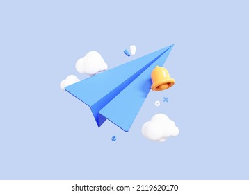 Icono de la caricatura del avión de papel 3D. Plano de papel de origami. Plantilla de banner para viajes con aviones y nubes. Envía el concepto de mensaje. Correo electrónico con notificación Bell aislado en fondo azul. Representación 3D