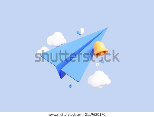 3D Paper Airplane cartoon icon. Origami paper\
plane. Banner template for travel with aircraft and clouds. Send\
message concept. Email with Bell notification isolated on blue\
background. 3D\
Rendering