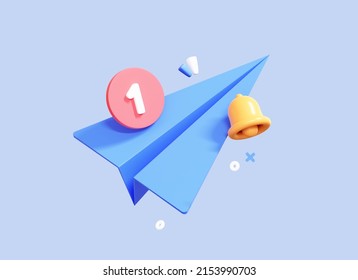 3D Paper Airplane with new message concept. Origami plane with bell and one notification. Banner template for social media promotion. Cartoon creative design isolated on blue background. 3D Rendering