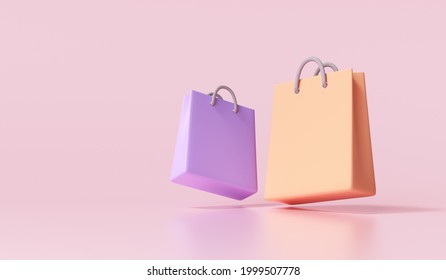 3D Paper bags on ping background. Online shopping concept. 3d render illustration