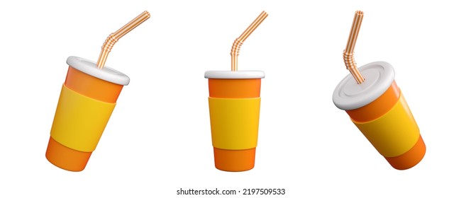 3d paper plastic glass and striped tube  Fast food cinema snack concept  High quality isolated 3d render