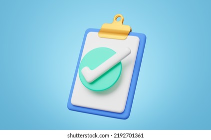 3d Paper Sheets With Check Marks On Blue Background. Confirmed Or Approved Document Icon. Beige Clipboard With Checklist Symbol. Assignment Done. Business Cartoon Icon. 3d Render With Clipping Path.