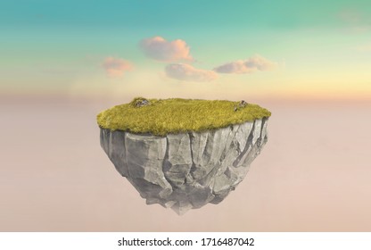 3d paradise rock floating island with gree grass field, surreal 3d rendering float stone land isolated on surreal cyan dusk