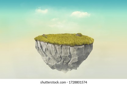 3d paradise rock floating island with green grass field, surrealism 3d rendering float stone land isolated on surreal cyan twilight