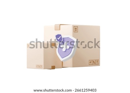3d parcel box shield icon. parcel insurance protection concept. Minimal cartoon delivery box with shield cross symbol for secure shipping isolated on white transparent background. 3d render