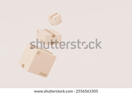 3D Parcel Cardboard box stack on air float flying icon. Logistics and Distribution shipment concept. Fast delivery at home. Order packaging tracking box isolated on transparent background. 3D render.