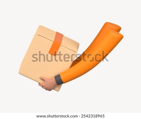 3D parcel delivery, element illustration. 3D illustration of hand holding parcel, paper box isolated on white plain background. Illustration for delivery, shipping, logistic concept. 