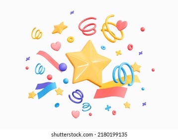 3D Party Confetti With Star And Serpentine Ribbon. Birthday Surprise. Festive Decoration Elements For Poster Or Banner. Cartoon Creative Design Icon Isolated On White Background. 3D Rendering