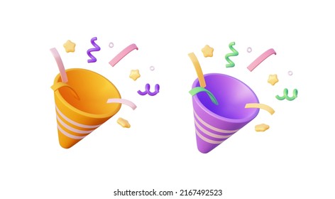 3D party popper with confetti for party, birthday and new year. In purple, yellow colors. 3D rendering illustration