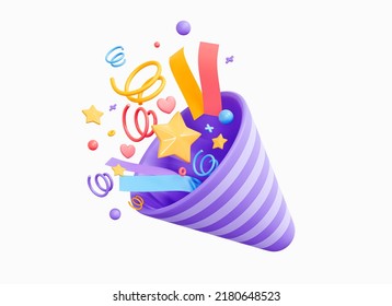 3D Party Popper With Explosion Confetti. Birthday Surprise. Firecracker With Serpentine. Holiday And Event Celebration. Cartoon Creative Design Icon Isolated On White Background. 3D Rendering