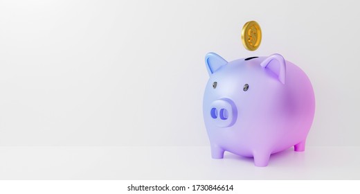 3d Pastel Piggy Bank Isolated On White Background Abstract With Gold Coins Falling. 3d Render For Investment Banking Financial. Save Money Business Finance. Purple Pig Money Box Icon. Minimal Design.