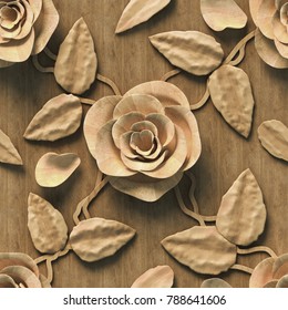 3d, pattern with roses, wood texture, seamless