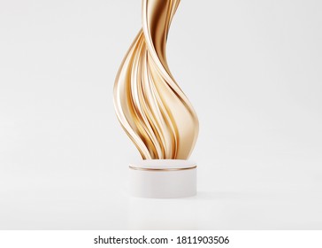 3D Pedestal Podium With Gold Liquid Swirl Flow On White Studio Background. Golden Fluid Splash. Single Display Showcase For Beauty Product Presentation, Cosmetics Promotion. Abstract Mockup, 3D Render