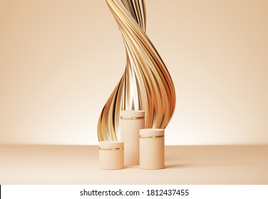 3D Pedestal Podium With Gold Liquid Swirl Flow On Beige Studio Background. Golden Splash. Display Set Showcase For Beauty Product Presentation, Cosmetics Promotion. Abstract, Luxury, Mockup, 3D Render