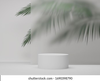 3D Pedestal Podium  On White Background With Palm Tree Leaves Summer Holiday Beauty Product Promotion Platform Display Mockup . Natural 3D Render Copy Space Banner Minimal  Trendy Illustration. 