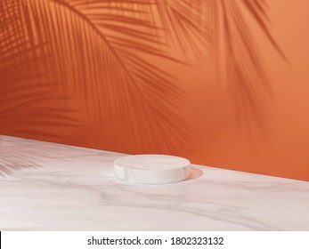 3D pedestal podium, orange background with palm tree leaves shadow. Summer holiday beauty, cosmetics, product platform display mockup. Natural 3D render Halloween, autumn minimal  trendy illustration.