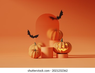 3D Pedestal Podium Set On Orange Background. Halloween Flying Bat And Pumpkin With Frame Rim. Jack O Lantern Display Showcase, Product Promotion. Abstract Banner, Spooky 3D Render 