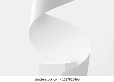 3D Pedestal Podium With White Paper Swirl Flow On White Studio Background, Product Display Stage In 3d Illustration 