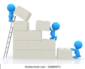 3D people assembling blocks and building a wall - isolated