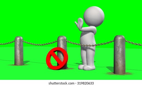 3D people behind chains blockade and stop sign - green screen