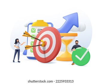3D people developing self control system isolated 3D render illustration. Business success. Metaphor of target and goal achievement for productive work. Time management and development concept