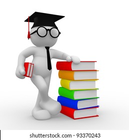 3d people - human character , books and  person  with graduation cap . 3d render
