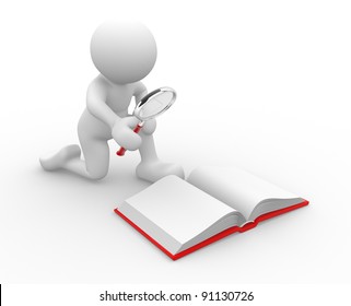 3d people - human character , person  looking  with a magnifying glass in an open book .  3d render illustration
