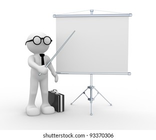 3d people - human character , person with briefcase and  empty flipchart . 3d render