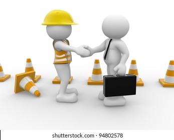 3d people - human character, person with  protective jacket and briefcase. The concept of partners - builder and the businessman. 3d redner - Powered by Shutterstock