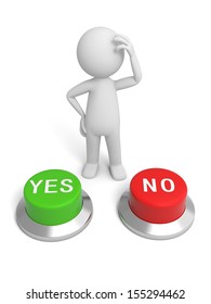 A 3d people making a choice behind the yes&no button