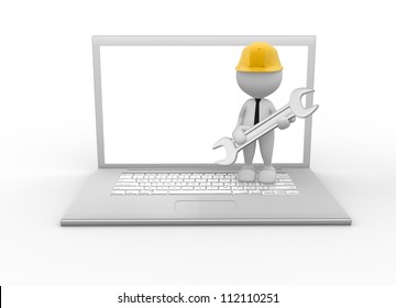 3d people - man, person with a laptop and a wrench.  Computer technical service