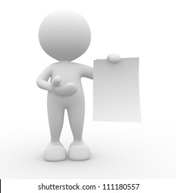 3d people - man , person presenting a blank paper . Concept of message.