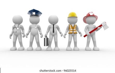 3d People - Men, Person With Different Professions. Doctor, Policeman, Businessman, Engineer, Fireman