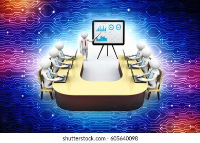 3d people - men , person with pointer in hand close to blackboard. Concept of education and learning, Presentation. Isolated white background, 3d render