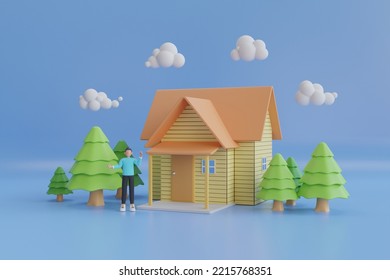 3d People Near To The Wood House.  The House Is Surrounded By A Lots Of Tree And Natural On The Blue Sky. 3d Rendering
