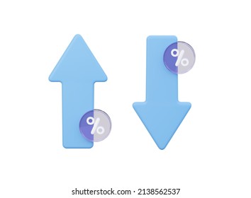 3D Percent Arrow Icon Growth And Reduction. Blue Arrow Rise And Fall. 3d Rendering Illustration.