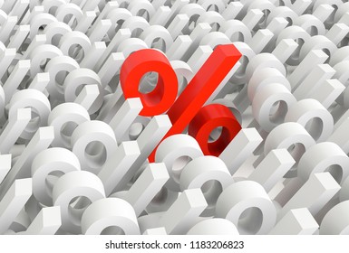 3D With Percentages Signs With One Of Them Red And More Bigger. Concept Of Increase Of Percentages. 3D Rendering. 