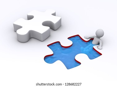3d person is bathing inside a puzzle shaped pool and a puzzle piece is near