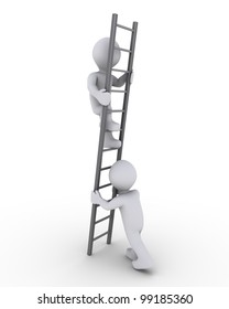 3d Person Is Helping Another To Climb A Grey Ladder