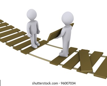 3d Person On Suspended Bridge Is Helping Another To Cross