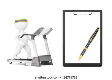 3d Person over Treadmill in front of Clipboard with Blank Paper on a white background. 3d Rendering - Powered by Shutterstock