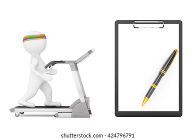 3d Person over Treadmill in front of Clipboard with Blank Paper on a white background. 3d Rendering - Powered by Shutterstock