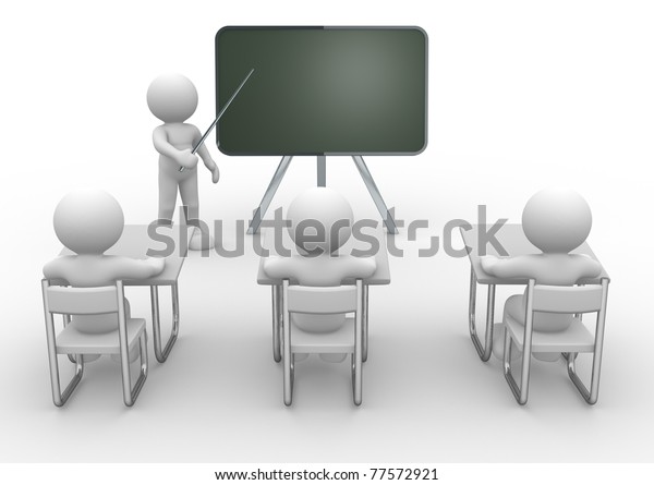 黒板の近くにポインタを手にした3d人 教育と学習のコンセプト 3dレンダリングイラスト のイラスト素材