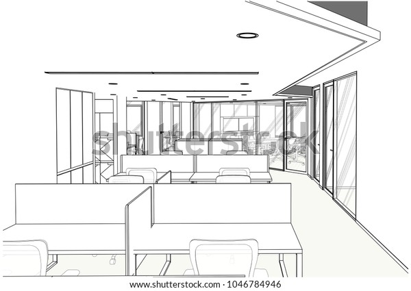 3d Perspective Drawing Outline Interior Space Stock