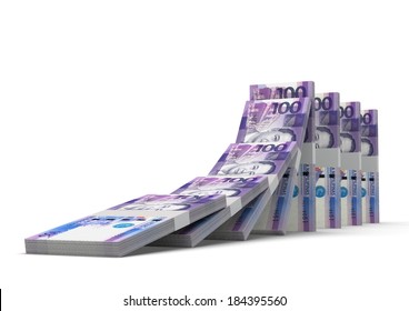 3D Philippines money dominoes stacked falling and collapsing  isolated on white background