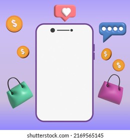 3D Phone With And Coins Shopping Bags.Online Payment Concept. Mobile Wallet App. Transfer Money Via Smartphone. Shopping With Wireless Pay. Banking Application. Cartoon Purple Icon. 3D Rendering