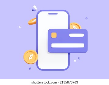 3D Phone With Credit Card And Coin. Online Payment Concept. Mobile Wallet App. Transfer Money Via Smartphone. Shopping With Wireless Pay. Banking Application. Cartoon Purple Icon. 3D Rendering