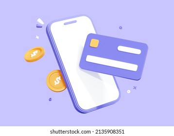 3D Phone With Credit Card And Coin. Online Payment Concept. Mobile Wallet Application. Banking App. Transfer Money Via Smartphone. Shopping With Wireless Pay. Cartoon Purple Icon. 3D Rendering